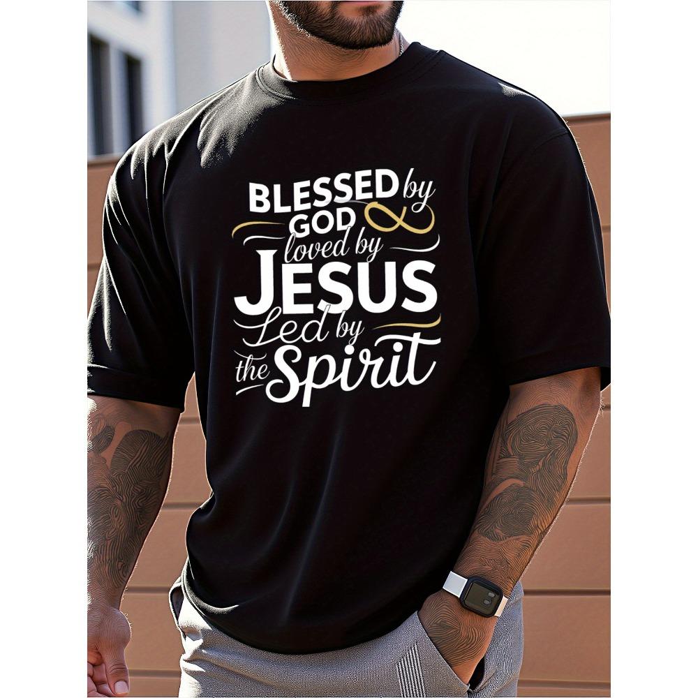 

European sizes Men s Religious Faith T-Shirt - Blessed by God, Loved by Jesus, LED by the Spirit Inspirational Print 4XL чорний
