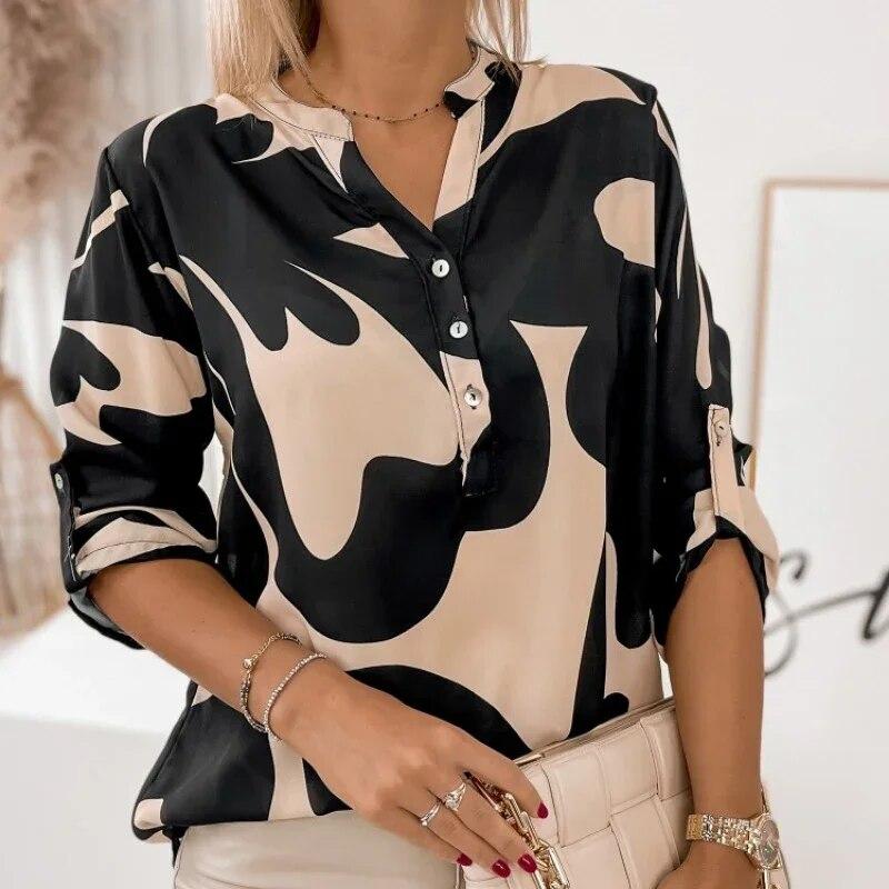 Fashion Print Blouse Women Shirts 2026 Spring Autumn Office Lady Casual Long Sleeve V-neck Tops Loose Clothes Blusas 30104