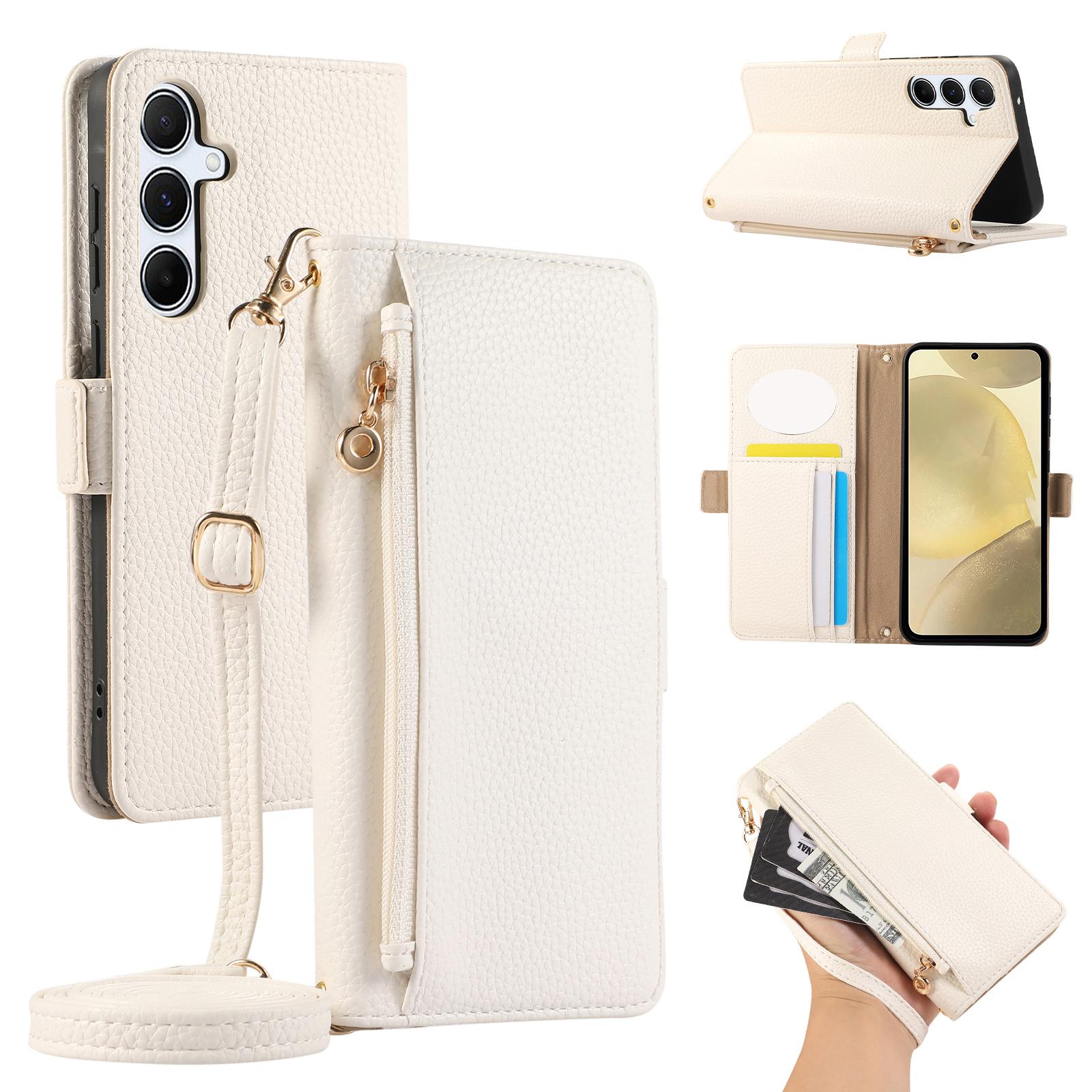

For Samsung Galaxy S24+ Wallet Phone Case Shockproof TPU+PU Leather Flip Cover with Mirror,Strap White