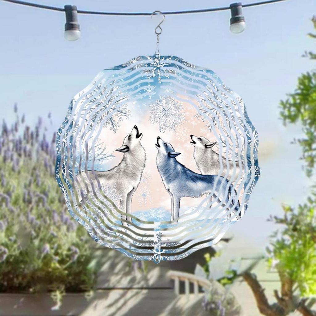 Winterwunderland 10 Zoll Metall-Windspiel mit heulenden Wölfen Schneeflocken-Design 360 drehbarer Haken für Garten Terrasse Balkondekoration Geschenk