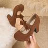 Large Size 43 Sexy High Heels Shoes for Women Bow Elastic Band Chunky Platform Pumps Woman Black Flock Square Heel Party Shoes