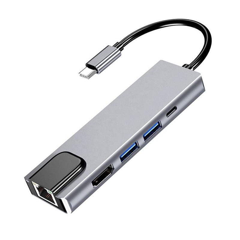 Type-C to 5-in-1 Docking Station: 100M Network, USB 3.0 Hub, 4K HD Screen Casting Converter
