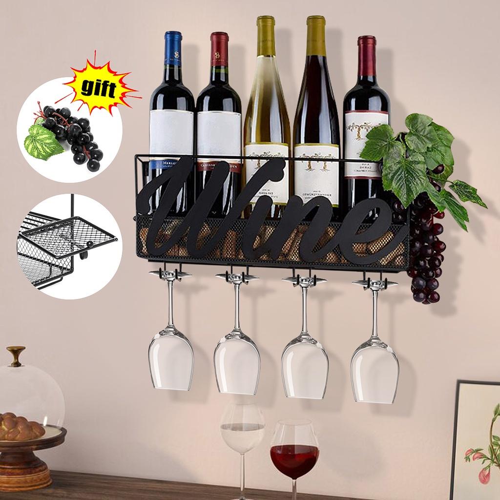 Black Wall Mounted Wine Rack Bottle Store Champagne Shelf With 4 Built-in Wine Glass Holders And Extra Cork Tray 45x13x22cm