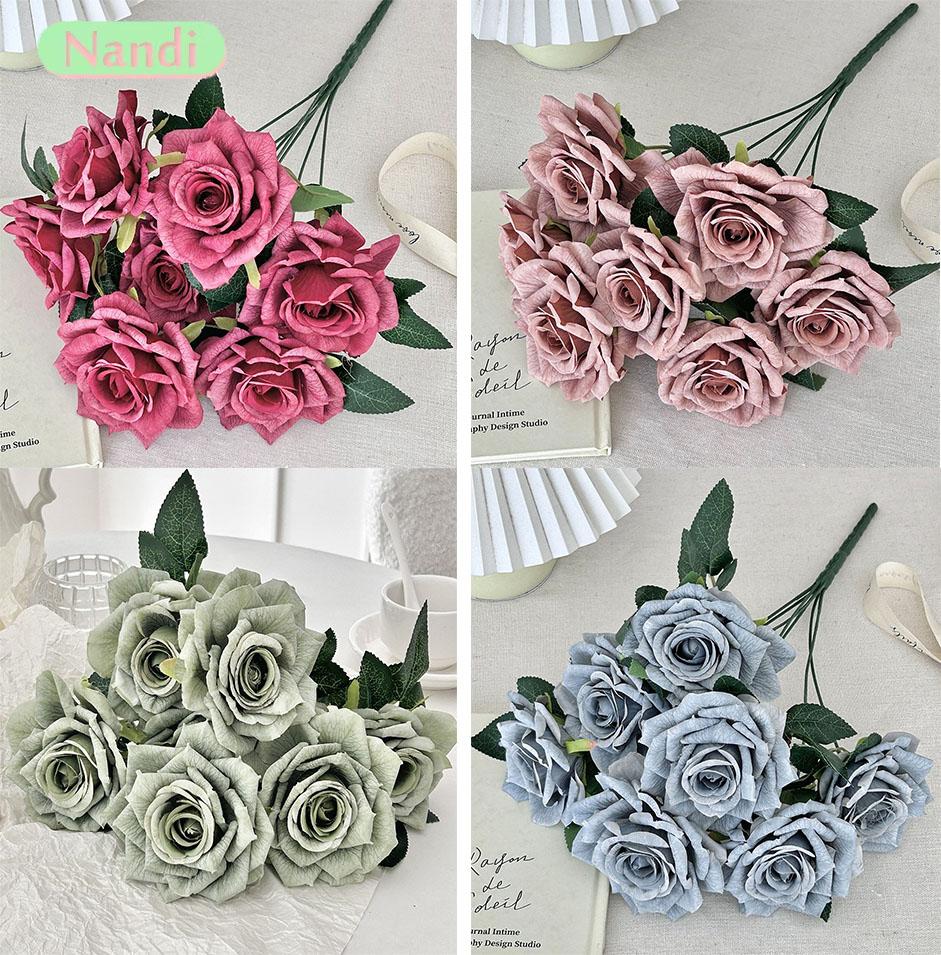 Vintage 7-Head Cappuccino Rose Artificial Bouquet – Suitable for Home Decoration, Wedding/Hotel Arrangement & Christmas Party Ne