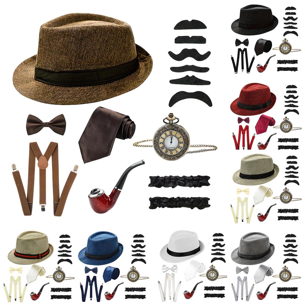1920s Vintage Men Accessories Set Fedora Hat Suspenders Bow Tie Pocket Watch Smoking Pipe Mustache Stickers for Party Costume