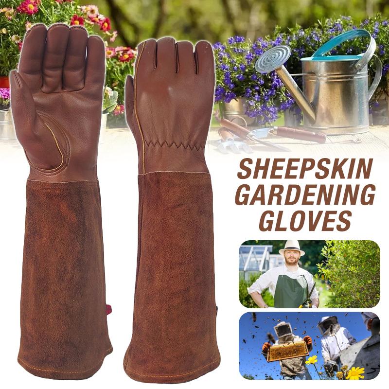 1pair Sheepskin Gardening Gloves Long Sleeve Work Gloves Puncture Resistant Rose Pruning Thicken Wear-resistant Floral Gauntlet