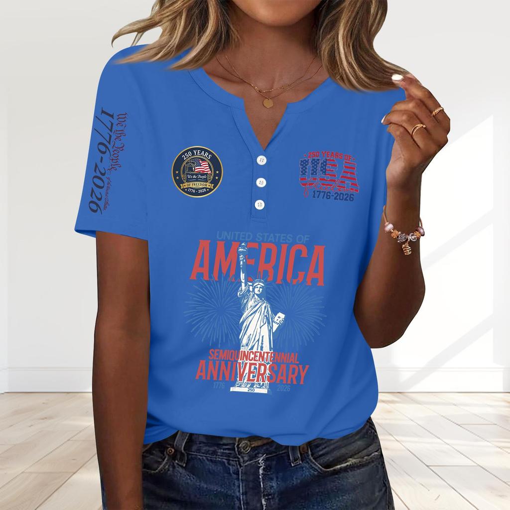 Women's Fashion Casual 250th Anniversary Independence Day Print V-Neck Short Sleeve Decorated Button-Up T-Shirt