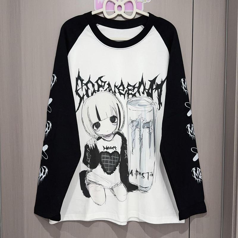 Punk Y2K Cartoon T Shirt Women Vintage Long Sleeve Harajuku Cute Fall Tees Casual O Neck Female Streetwear Hip Hop Retro Tops