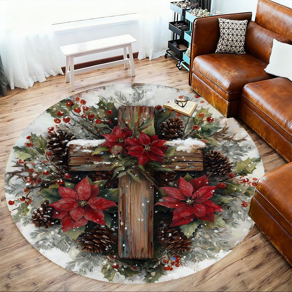 1pc Christmas wreath cross Round Chair mat office Area Rug - Non-Slip, Floor Mat for Office, Bedroom, Ideal home decor gift c0112132