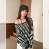 Long Sleeve Oversized Knitted Sexy Off the Shoulder Stripe Casual Loose Spring Autumn T Shirt Tops Women T-shirt
