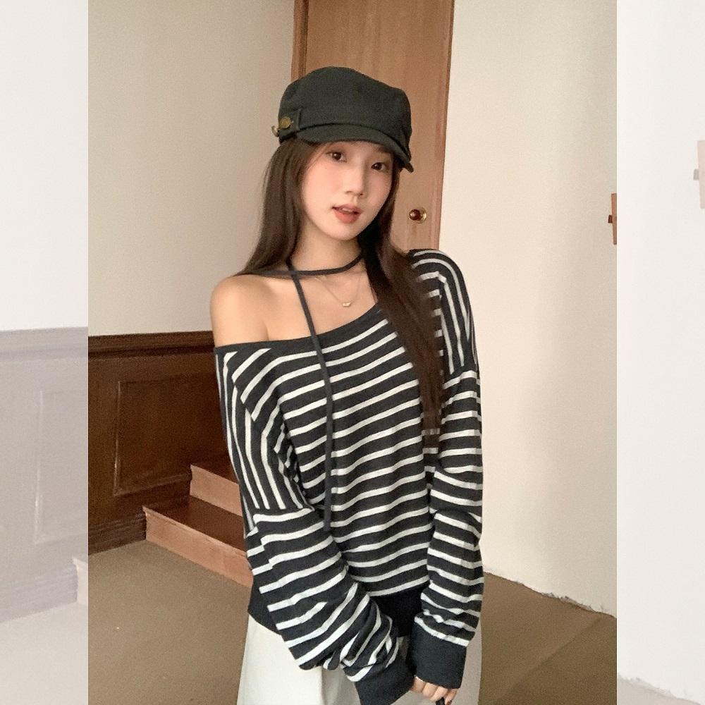 Long Sleeve Oversized Knitted Sexy Off the Shoulder Stripe Casual Loose Spring Autumn T Shirt Tops Women T-shirt