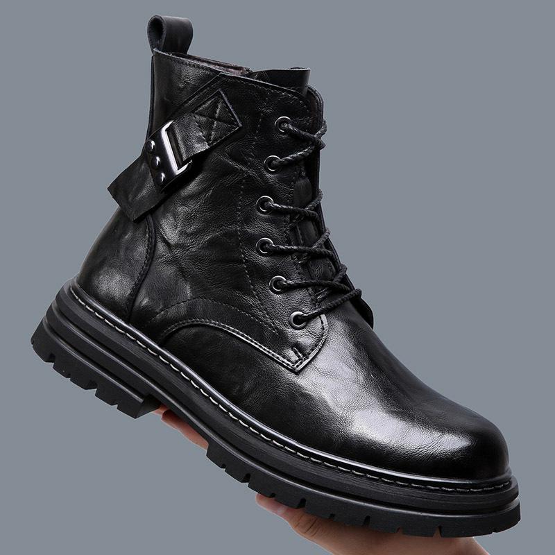 British Style Thick Soled Work Boots for Men Solid Color Fashion Casual Platform Shoes Male New Designer Cow Leather Boots Man