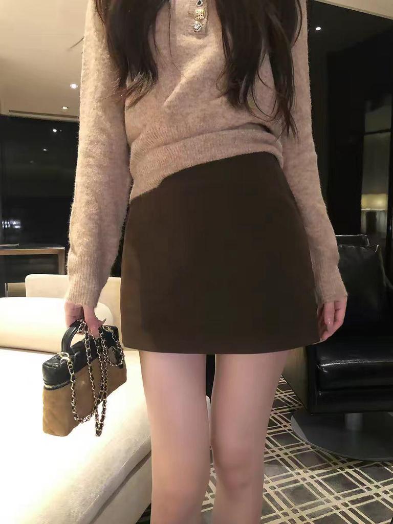 Women's High Waist Brown Wool A-Line Skirt - Autumn/Winter Retro, Anti-Exposure, Hip-Hugging Style