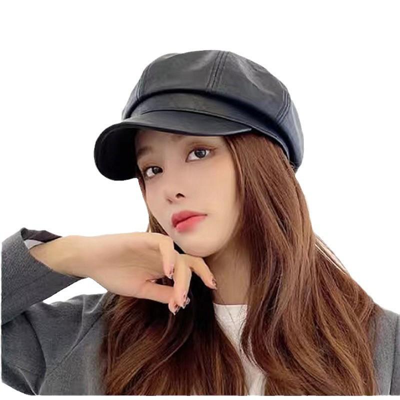 Damen Baskenmütze im koreanischen Stil aus PU-Leder: Achteckige Kappe für einen schlankeren Look, trendige Entenschnabel-Malermütze für den Frühling