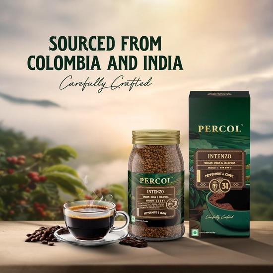 PERCOL Premium Instant Coffee | Intenzo Blend 31 | Crafted with Premium Imported Beans | Freeze Dried 100g Jar | 100% Pure Coffee