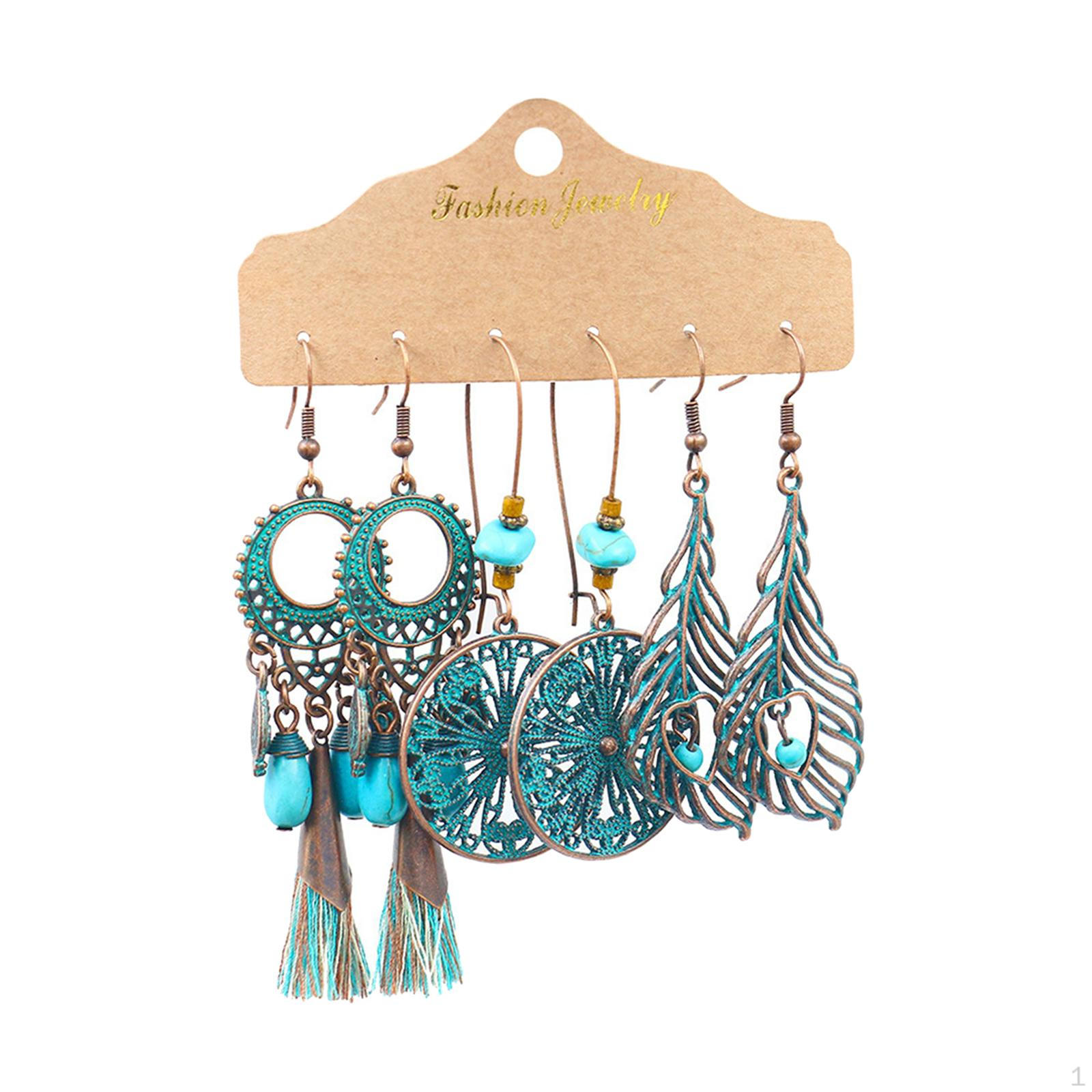 3Pairs Bohemian National Style Dangle Earrings Set Alloy for Birthday Party  Style E