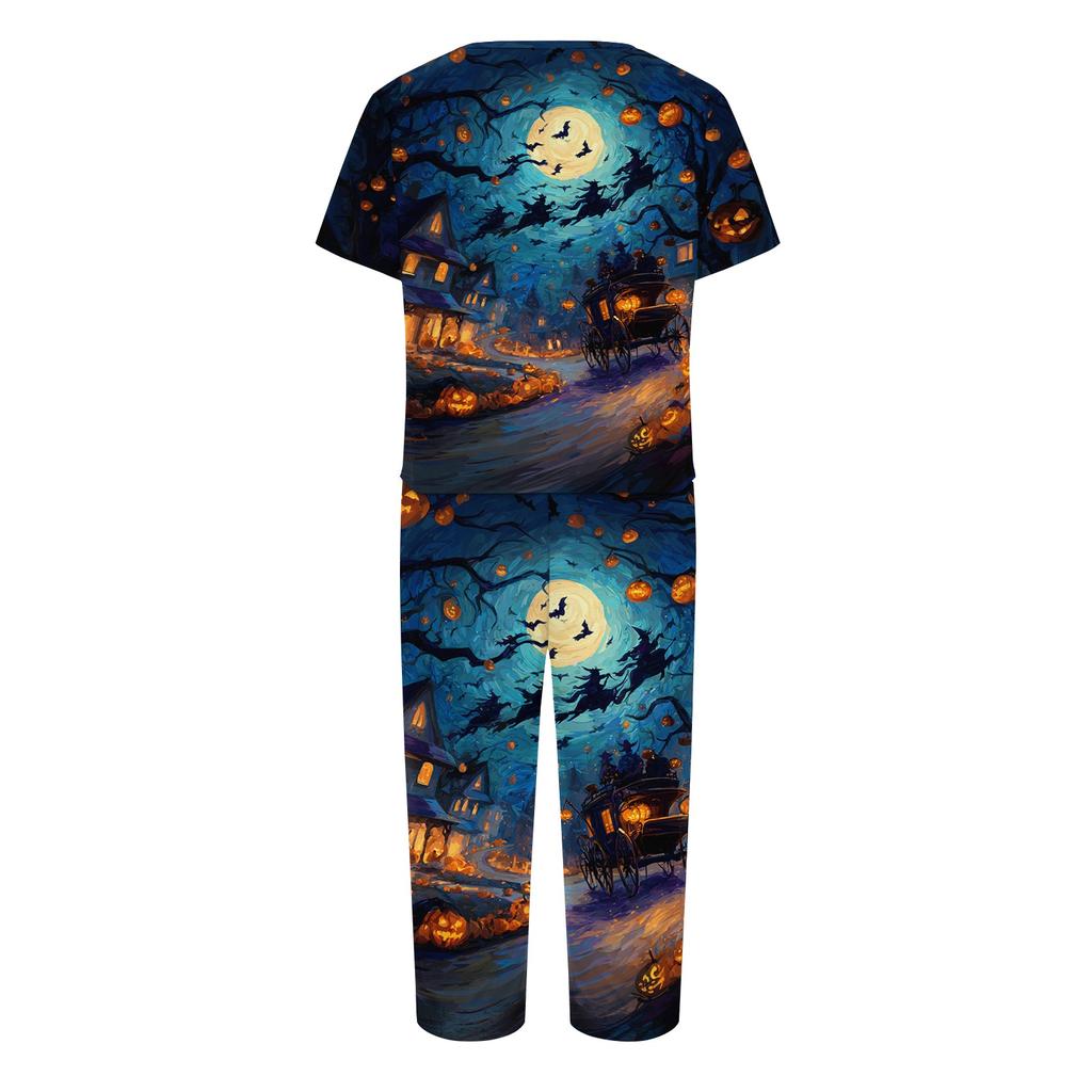 Women's Two Piece Halloween Print Lounge Set Short Sleeve Top with V Neck and Capri Pants Casual Sleepwear Pajama Set for Relaxed Fit