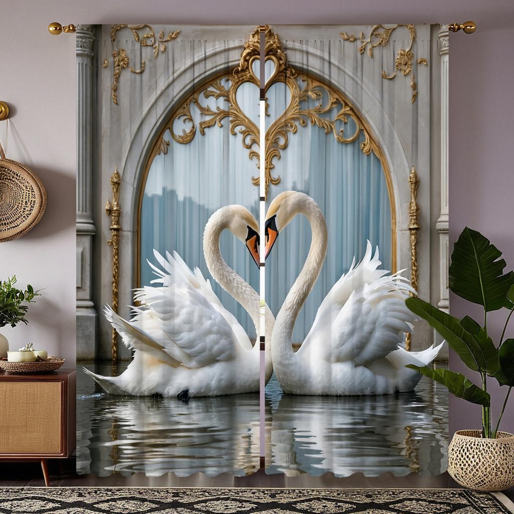 2 pieces HD digital gray light luxury European warm swan curtain home decoration style decoration living room bedroom rod curtai