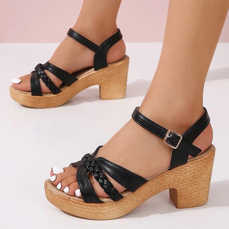 Women Roman Weaving Thick Heel Sandals Ankle Strap Chunky Platform Sandals Summer Buckle Fashion Comfortable Shoes