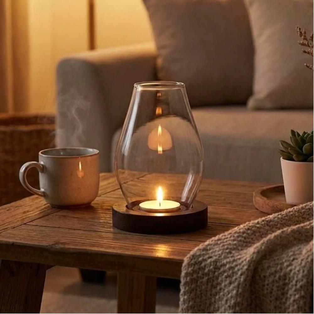Base in Legno Massello Portacandele in Vetro Lampada per Incenso Trasparente Ambiente Interno