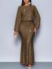 New Style Rhinestone Long Sleeve Fishtail Ruffles Pleated Dress