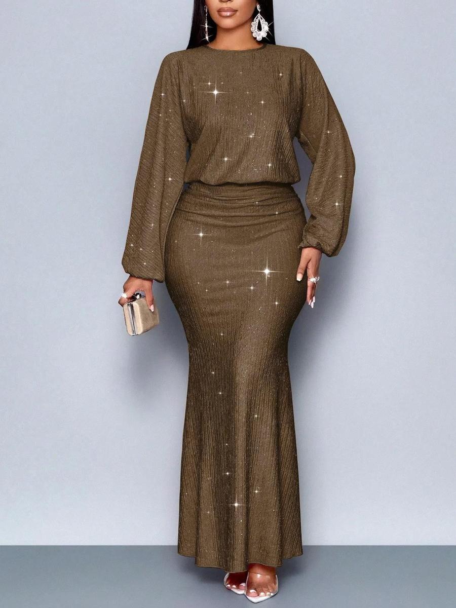 

New Style Rhinestone Long Sleeve Fishtail Ruffles Pleated Dress XXL темно-коричневого кольору