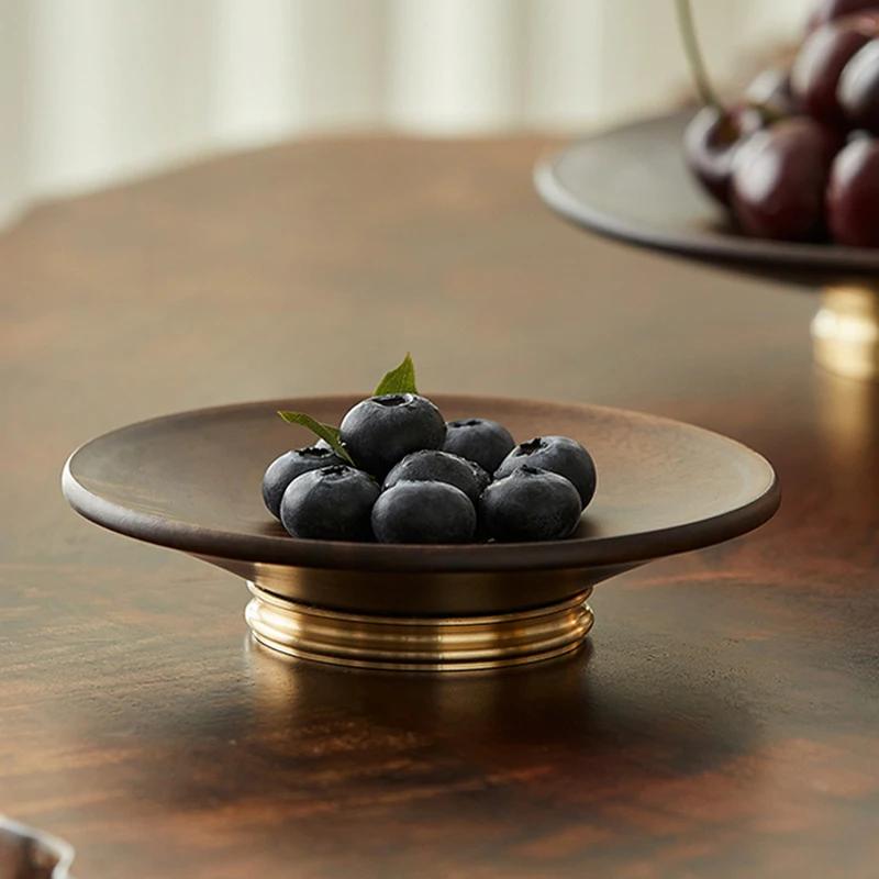 Wooden High Foot Tray Brass Base Fruit Tray Living Room Coffee Table Home Snack Dessert Cake Dish Dessert Candy Plate Home Decor