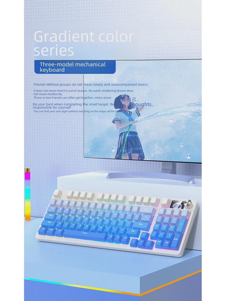 Kabellose mechanische Gaming-Tastatur mit 98 Tasten, Bluetooth und drei Modi und anpassbaren Schaltern (Blau, Schwarz, Tee, Rot) und Hot-Swap-fähiges Design.