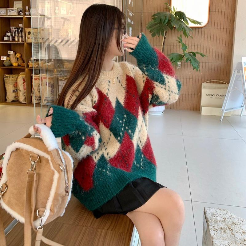 Autumn and Winter Vintage Print Pullovers Christmas Sweaters Women Fashion Loose O Neck Knitted Sweater Women Elegant Warm Casual Ladies Jumpers 25509
