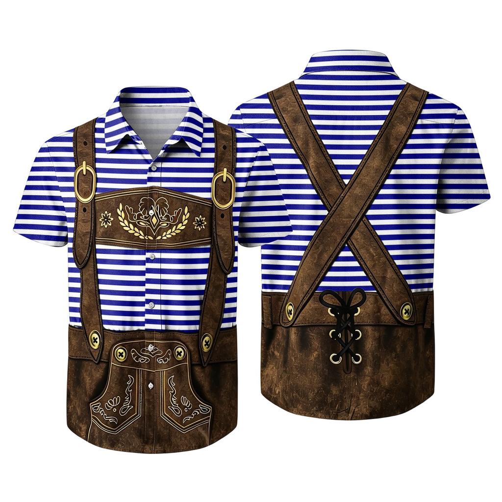 Men's Short Sleeve Button Up Shirt Casual Loose Fit Festival Party Shirt with Vintage Beer Elements Print and Faux Lederhosen Design