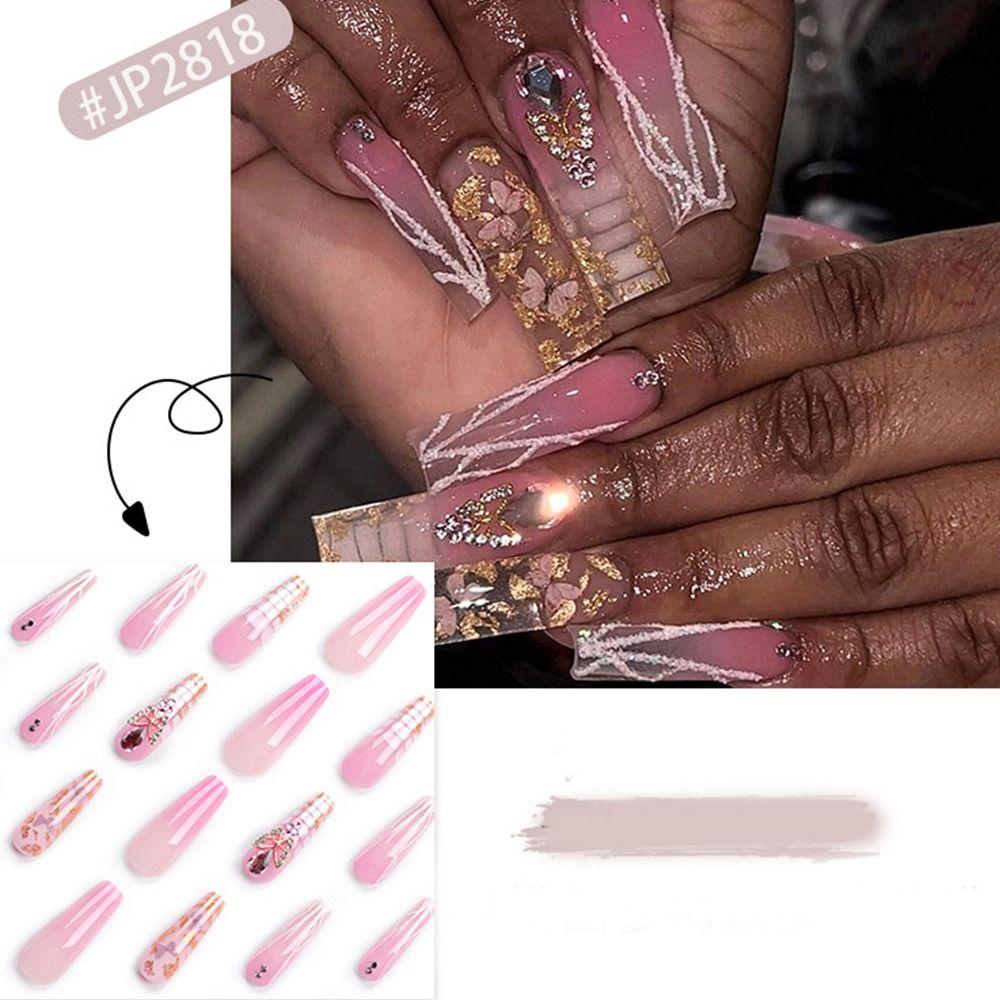 Künstliche Nägel Mit Goldfolie – Ballerina-Form, 24 Stück, Press-on Mit Kleber, Für Frauen & Mädchen