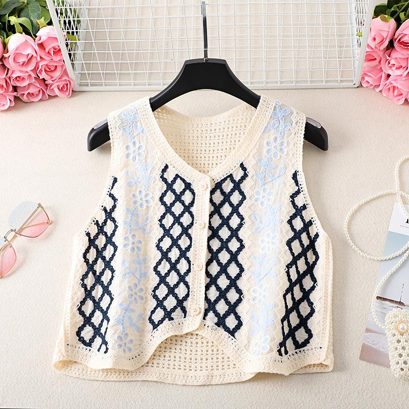 

Жіночий ретро-ромбічний ґратчастий жилет із порожніми гачками та квітами, вільний повсякденний короткий абзац назовні з тонким жилетом, кардиган, куртка, куртка, топи One Size абрикосовий/синій