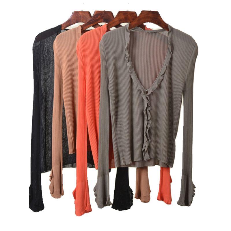 Ruffle V-neck Thin Type Sunscreen Blouse Long Sleeves K-style Spring Ice Silk Knitted Inner Match Slimming Cardigan Sweater