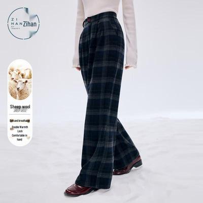 ZIHAN Damen Wollmischung Marineblau Karomuster Weites Bein Hose