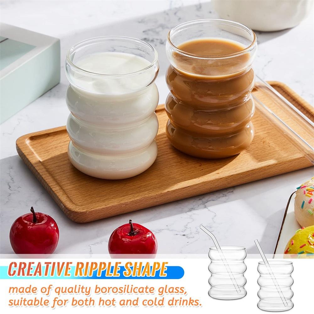4Pcs Creative Glass Cups Coffee Mug Vintage Drinking Glasses Ribbed Iced Coffee Glasses Tumbler Cup with Straws Set