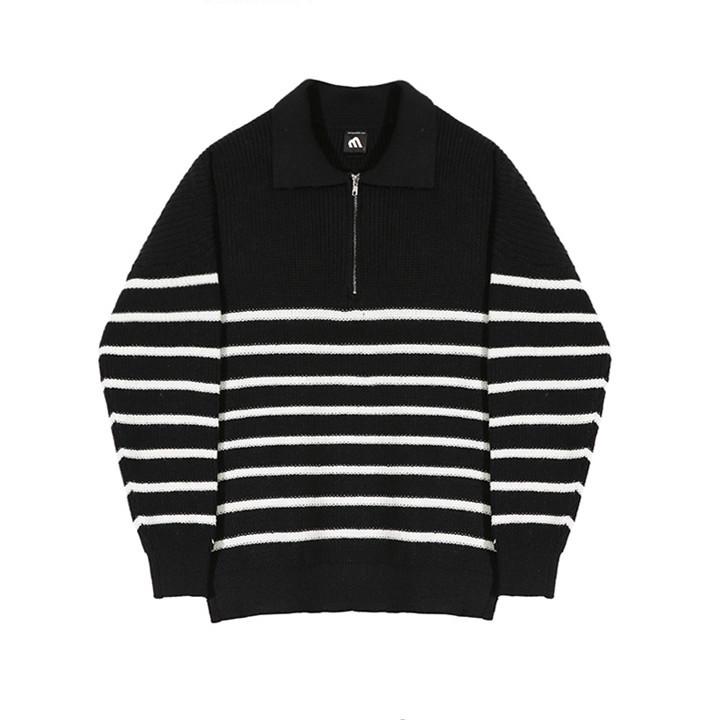 Men's Retro Striped Half-Zip Polo Sweater - Casual Korean Autumn Lapel Style
