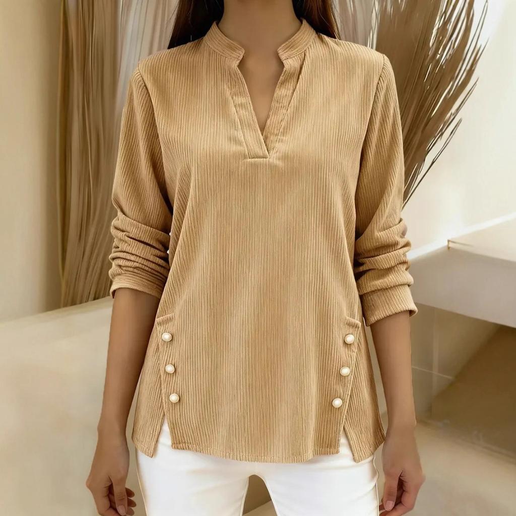 2025 Autumn and Winter New Solid Color Loose Casual V-neck Buttoned Long-sleeved Women's Tops T-shirt