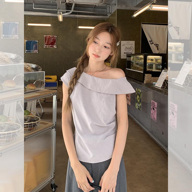 Korean Pure Desire Lapel Pleated Off-shoulder Slanted Shoulder Short-sleeved T-shirt Women's Summer New Irregular Design Top