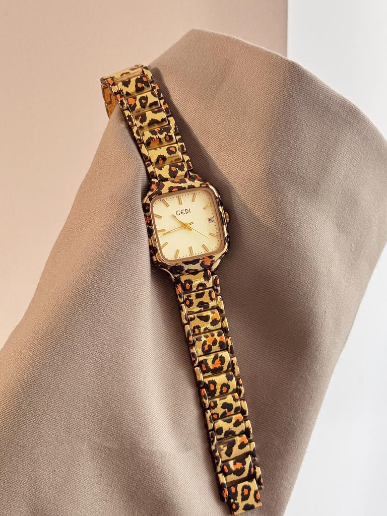 Neue Modeuhr im Vintage-Stil für Damen, Leopardenmuster, quadratisches Gehäuse, Edelstahl, Damen-Quarz-Armbanduhr, Uhr, Geschenk