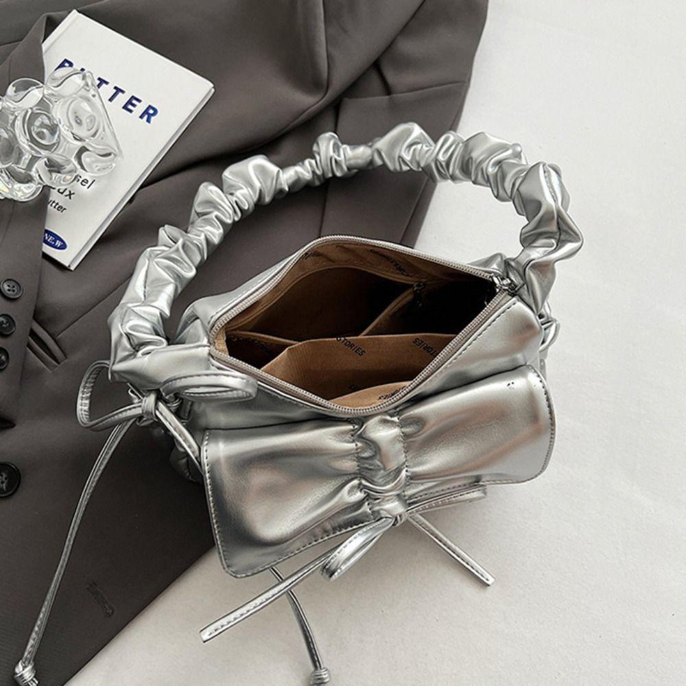 Ruched Bowknot Shoulder Bag Pu Leather Crossbody Bag Elegant Bow Underarm Bag  Women