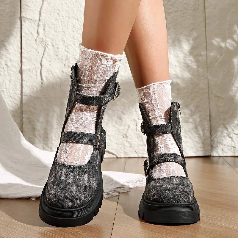 

Мода 2024 Высокое качество Женская обувь Пряжка Женские туфли-лодочки Осень Круглый носок Однотонные Короткие голенище Блочный каблук Модная обувь Zapatos Mujer 40