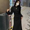 Large size French cheongsam dress women's autumn Hepburn style small black dress fat mm waist hanging skirt