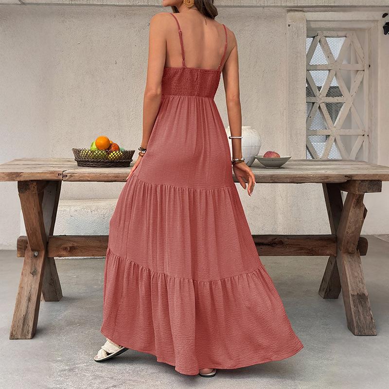 Summer New Solid Color Big Swing Deep V-Neck Holiday Style Dress European and American Beach Long Dress for Women