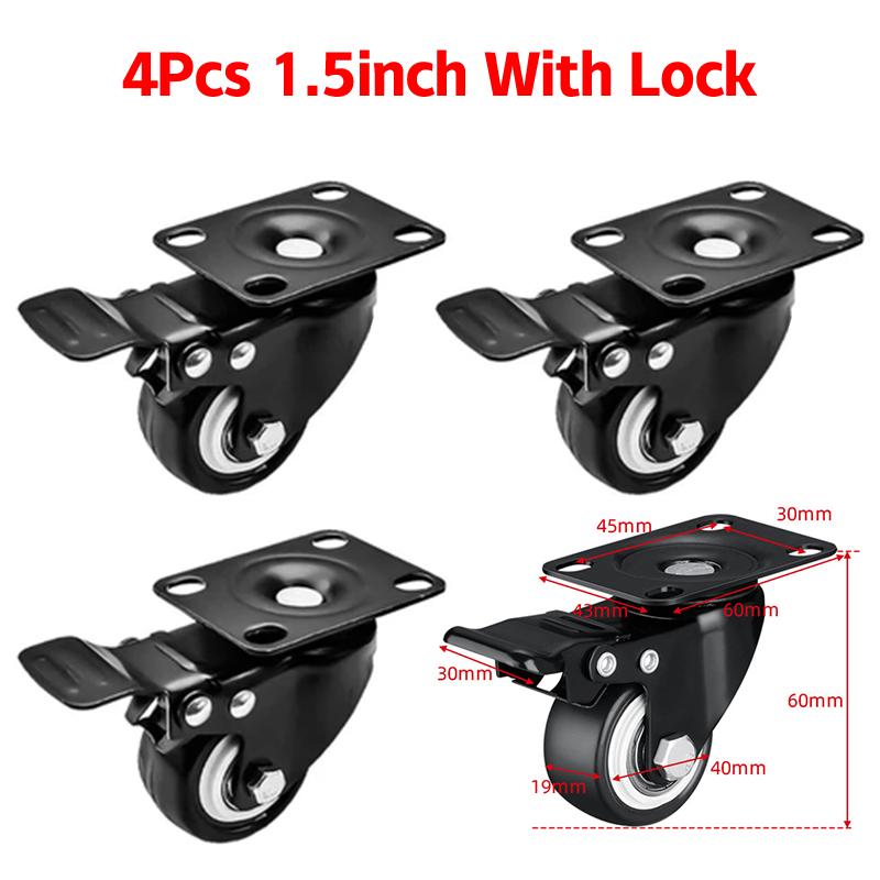 4 szt. Ciche podwójne kółka obrotowe z podwójnymi łożyskami kulkowymi, czarne, obrotowe z hamulcem, kółka do wózka 1,5" - 2"