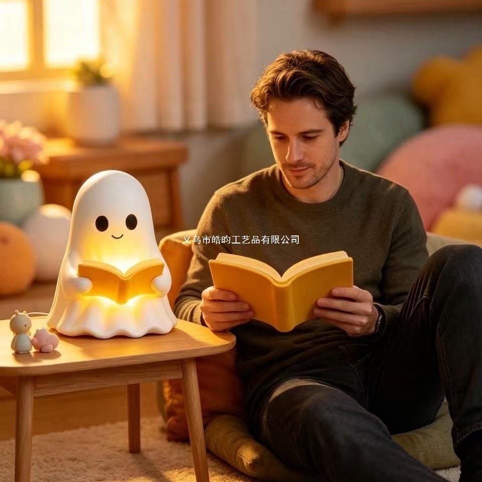 Cute Halloween Bedroom Decor Ghost Reading Night Light Table Lamp LED Warm Glow Spooky Figurine for Home