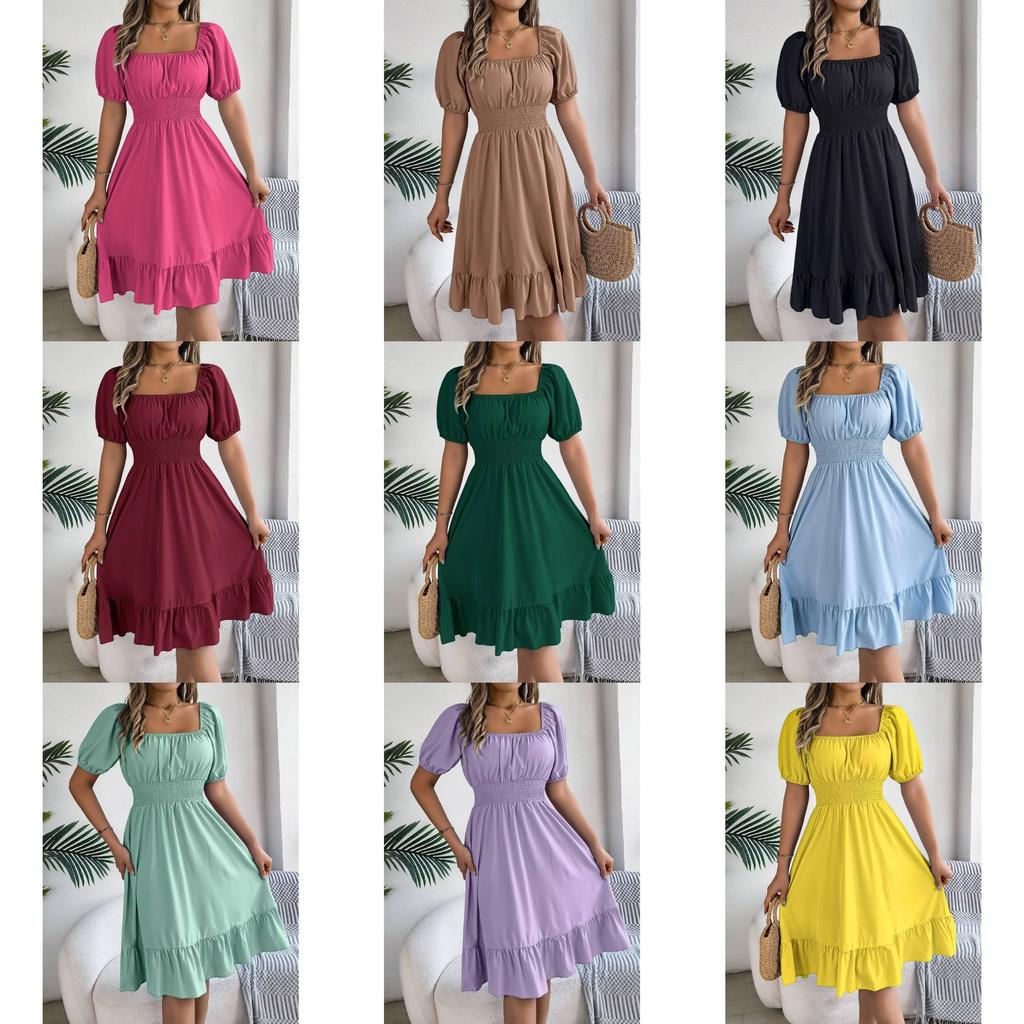 Euro Street Style Short Sleeve A Line Dress With Ruffle Hem For Casual Wear