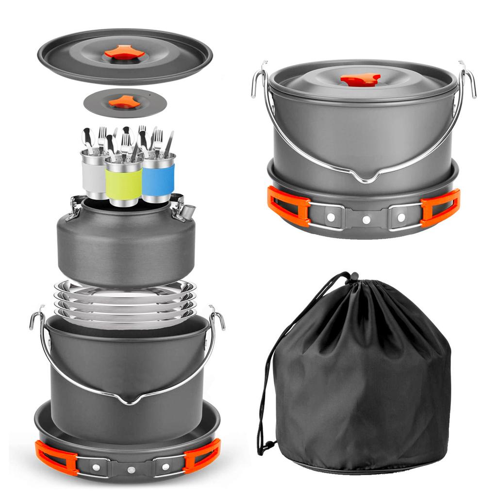 34PCS Camping Cookware Set Outdoor Cooking Pot with Nonstick Coating Portable Foldable Handle for Hiking Picnic
