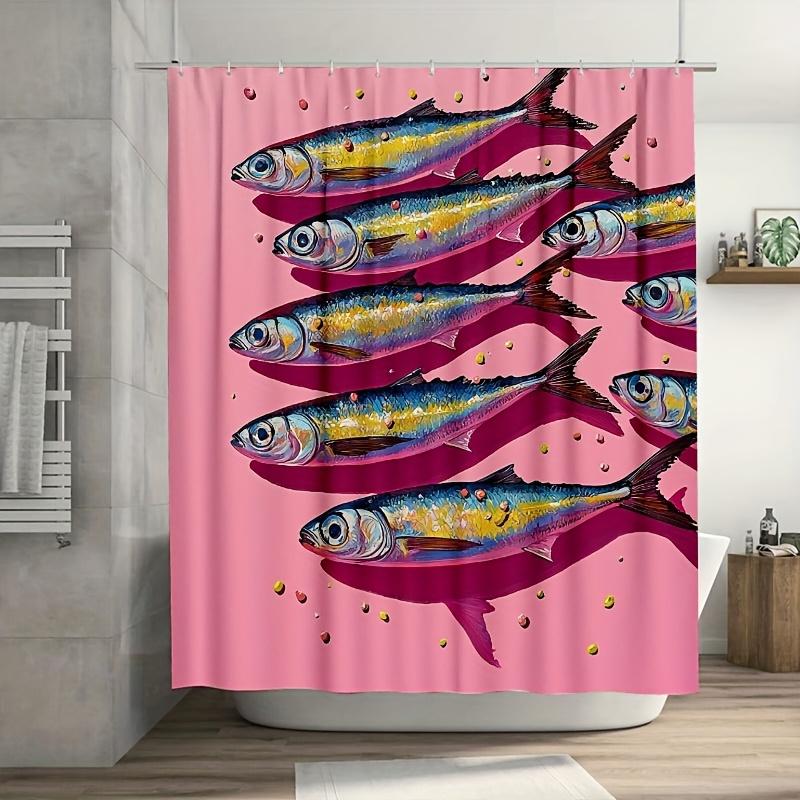 

1pc Vibrant Sardine Shower Curtain - Pink Fish Design with Hooks, Easy-Clean Polyester Fabric, Perfect for Bathroom 90X180CM
