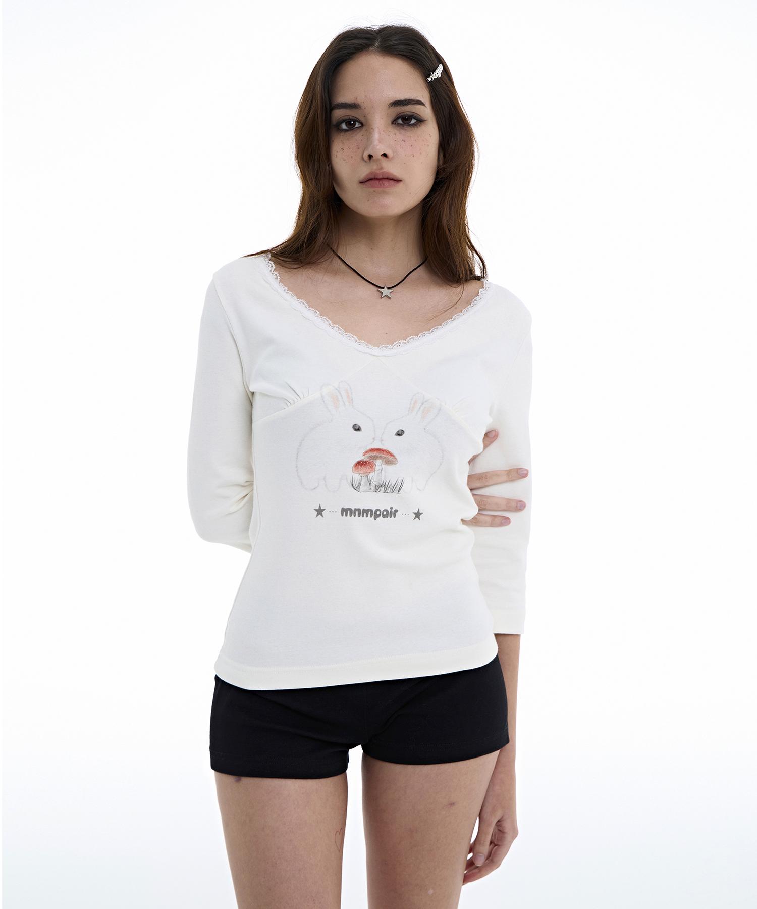 Minimal Fair Rabbit Lace V-Neck Tee White White/Free