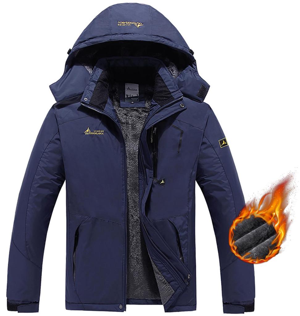 Perturga Casual Windproof and Available in Plus Warm and Solid Dark Size with Hat Men's Fleece-Lined Jacket, Waterproof, Sizes, Colors, Blue, M,